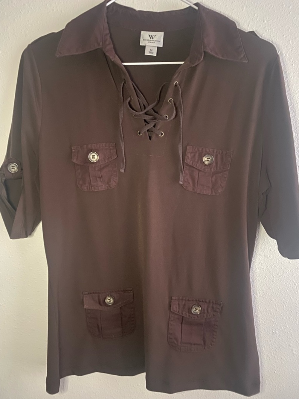 Ladies Lace-Up Polo Shirt in Dark Brown